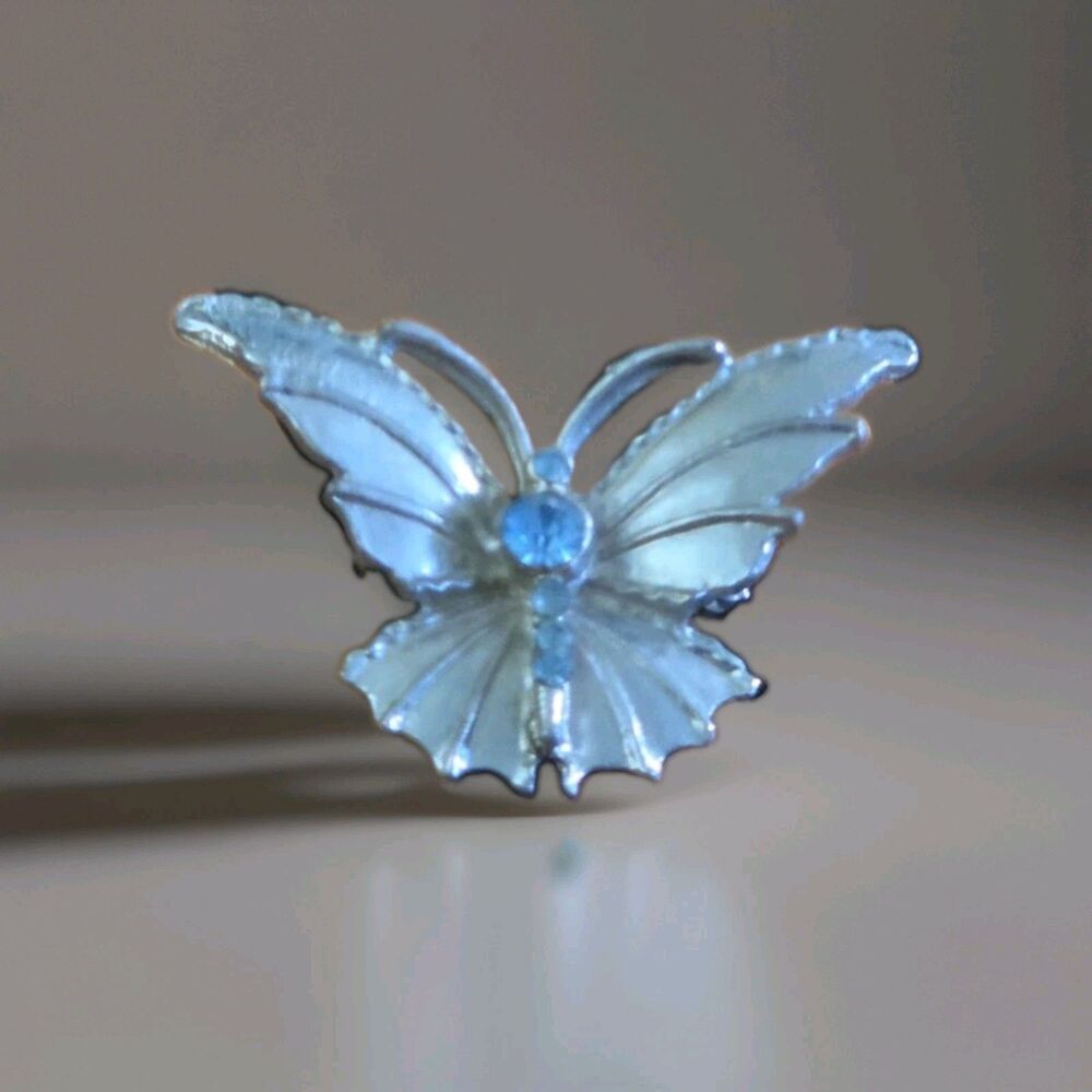 Vintage Silver Tone Butterfly Brooch Pin Blue Rhinestone Textured Wings Insect
